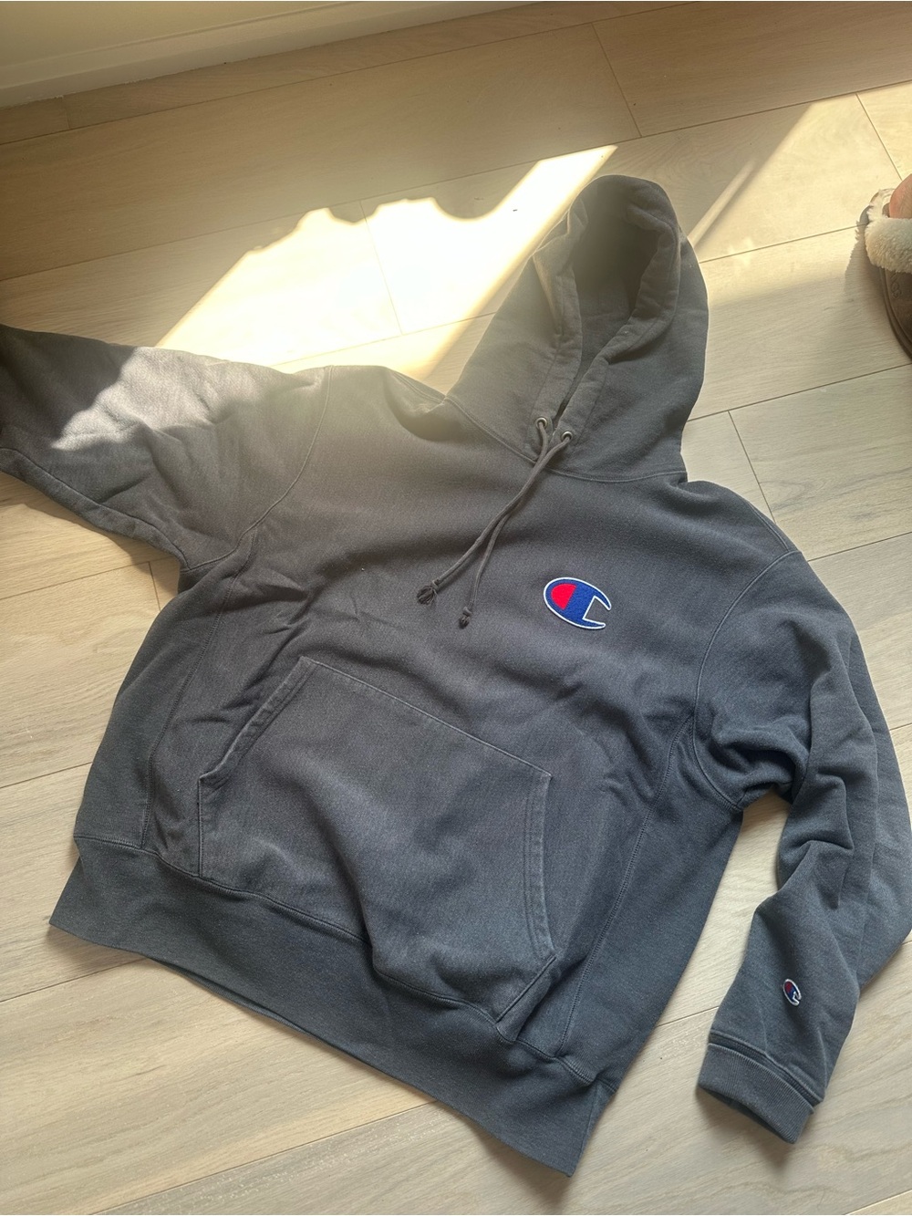 Champion Dark Gray Crewneck Hoodie with Embroidered Logo